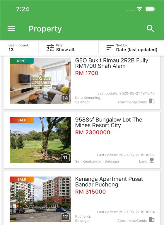 iClick Property app listing screen